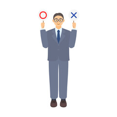 丸とバツのプラカードを持つ中年男性会社員。フラットなベクターイラスト。 A middle-aged male office worker holding a placard with a circle and a cross on it. Flat designed vector illustration.