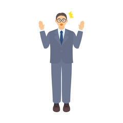 両手をあげて驚く中年男性会社員。フラットなベクターイラスト。A middle-aged male office worker raising both hands in surprise. Flat designed vector illustration.	