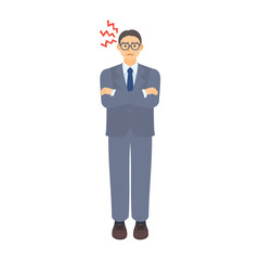 腕組みをしながら怒る中年男性会社員。フラットなベクターイラスト。A middle-aged male office worker crossing his arms in anger. Flat designed vector illustration.