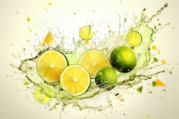 Refreshing lime citrus summer drink with water splash illustration. Generative AI
