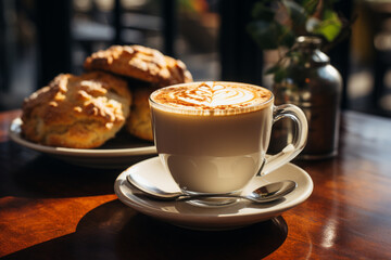 Scones served with coffee on wooden table, blurred cafe background - obrazy, fototapety, plakaty
