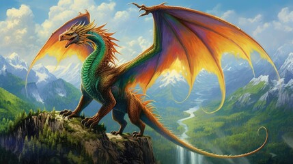 Fantasy dragon in a beautiful landscape - obrazy, fototapety, plakaty