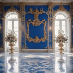 Wedding Maternity Digital Backdrop Blue Empty Room Royal Palace Floral Marble Room Studio Overlays Photography Backgrounds Props, 