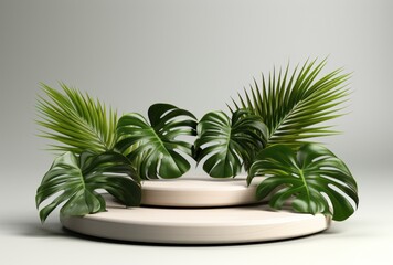 Obraz premium 3D podium wood display white background with green monstera palm leaf