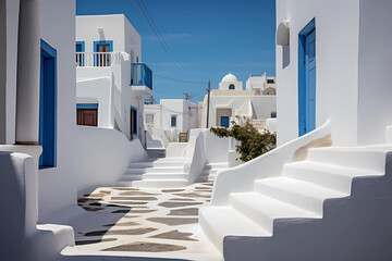 Greek Island homes or apartments entryways with sculpted white washed steps in enchanting courtyard - obrazy, fototapety, plakaty