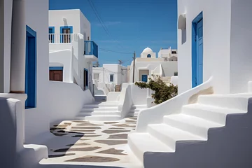 Fototapeten Greek Island homes or apartments entryways with sculpted white washed steps in enchanting courtyard © Richard Miller