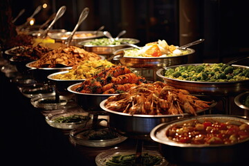 scooping the food, buffet food at restaurant, catering - obrazy, fototapety, plakaty