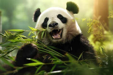 a panda eating bamboo plant, nature background