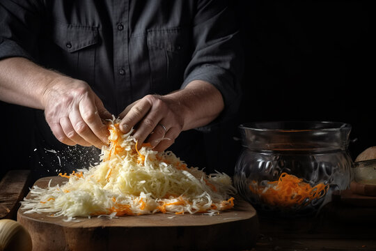 Male cook adding salt to shredded cabbage and carrots. Preserving sauerkraut, preparing shredded raw vegetables to marinate.