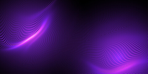 Abstract futuristic purple and violet wave with moving dots. Flow of particles with glitch effect. Ideal vector graphics for brochures, flyers, magazines, business cards and banners. Vector.