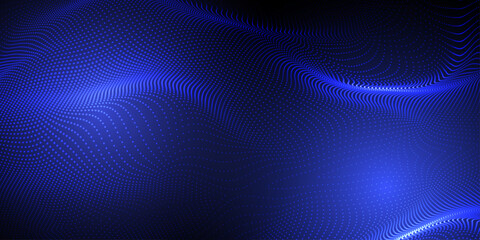 Abstract futuristic blue and indigo wave with moving dots. Flow of particles with glitch effect. Ideal vector graphics for brochures, flyers, magazines, business cards and banners. Vector. - obrazy, fototapety, plakaty