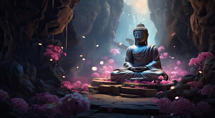 glowing flowers and gold buddha statue