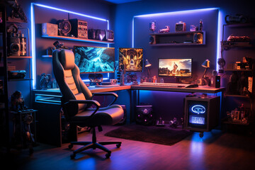 interior of gaming room setup with neon lights