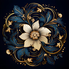 golden floral pattern on dark blue background ai generative