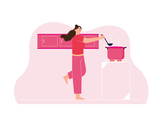 Woman is cooking in the kitchen. Home activity vector illustration.