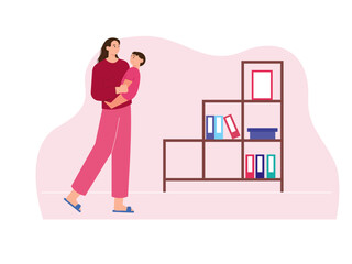 Mother is holding her child. Home activity vector illustration.