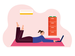 Woman is relaxing and playing on laptop. Home activity vector illustration.