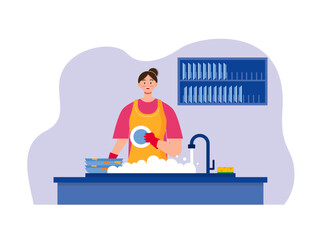 Woman washing dishes. Home activity vector illustration.