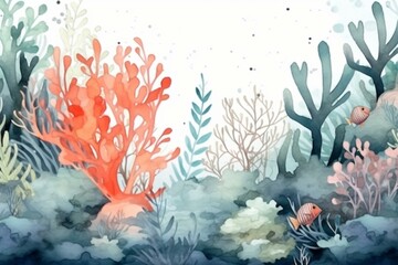 Fototapeta na wymiar Artistic underwater scene with sea plants, corals and leaves in watercolor style. Captivating and imaginative cartoon artwork for wallpapers, cards, or backgrounds. Generative AI
