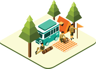 Isometric Picnic and Camping Vector Illustration