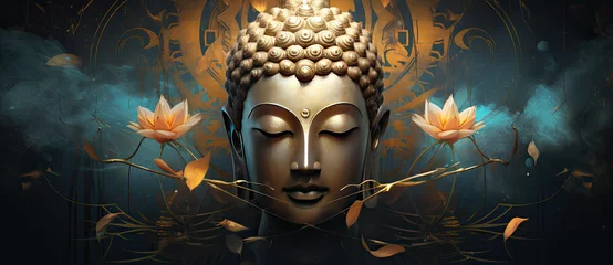 Foto op Canvas gold buddha statue decorated with flowers © Kien