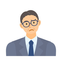 考える中年男性会社員。フラットなベクターイラスト。 A thinking middle-aged male office worker. Flat designed vector illustration.