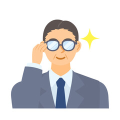 眼鏡を光らせる中年男性会社員。フラットなベクターイラスト。A middle-aged male office worker with shining glasses. Flat designed vector illustration.