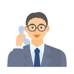 受話器で電話する中年男性会社員。フラットなベクターイラスト。 A middle-aged male office worker talking on the receiver of a telephone. Flat designed vector illustration.
