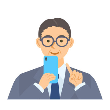 スマートフォンを操作する中年男性会社員。フラットなベクターイラスト。A middle-aged male office worker operating a smartphone. Flat designed vector illustration.