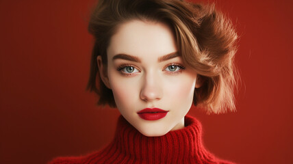 Fototapeta premium Beautiful woman in winter clothes on an a red colored background