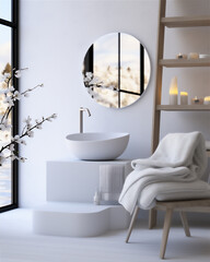 minimalist luxury bathroom with winter theme, futuristic basin and shower, white towels, cosmetic racks and large mirror, two chair and little table with flower, hyper realistic,