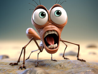 A 3D Cartoon Ant Sad and Surprised on a Solid Background