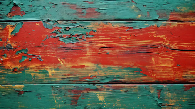 red green Texture of flaking paint worn wood board old style vintage abstract. advertisement, banner, card. for template, presentation. copy text space.