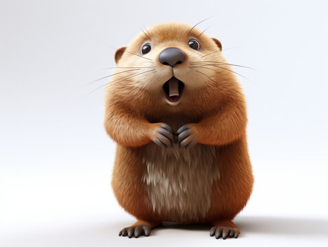 A 3D Cartoon Beaver Sad and Surprised on a Solid Background