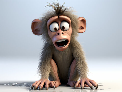 A 3D Cartoon Baboon Sad and Surprised on a Solid Background