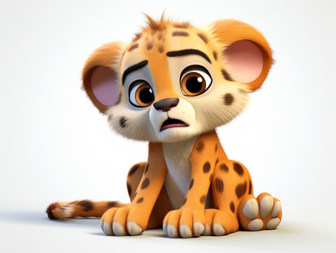 A 3D Cartoon Cheetah Sad and Surprised on a Solid Background