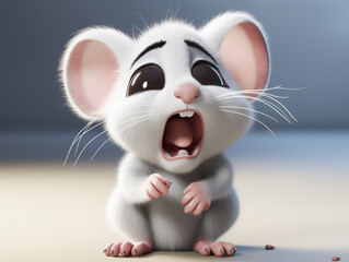 A 3D Cartoon Mouse Sad and Surprised on a Solid Background