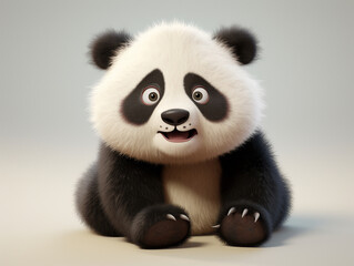 A 3D Cartoon Panda Sad and Surprised on a Solid Background