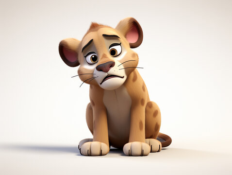 A 3D Cartoon Mountain Lion Sad and Surprised on a Solid Background