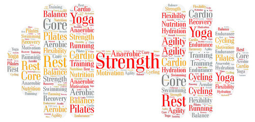 a word cloud of fitness goals which encapsulates various fitness terminologies and aspirations, making it a motivating visual piece for individuals aiming to achieve their workout targets