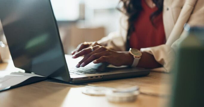 Remote, woman hands and laptop typing with digital job and freelancer with programming. House, computer and app database with research and planning with web developer project and analytics software