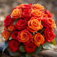 bouquet of red and orange roses in the shape of a ball in autumn colors
