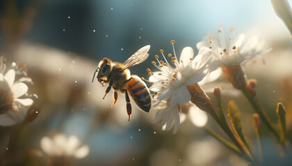 A bee in nature pollinates a flower, working outdoors generated by AI - obrazy, fototapety, plakaty