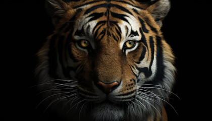 Majestic Bengal tiger staring, its fierce eyes focused on the camera generated by AI