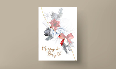 Christmas and new year card with watercolor white  floral and red Christmas ornament