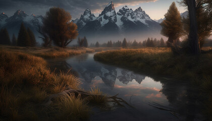 Majestic mountain peak reflects tranquil autumn beauty in nature generated by AI