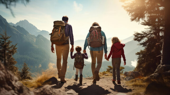 Family on a hike in the mountains. Together to new adventures