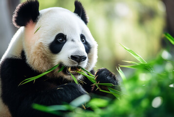 a cute panda eats bamboo plants. AI generated Images