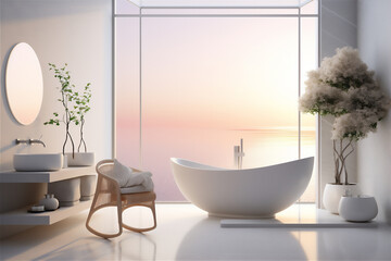 Fototapeta na wymiar minimalist luxury bathroom with sunset/sunrise theme, large bathtub, futuristic basin and shower, white towels, cosmetic racks and large mirror, two chair and little table with flower.