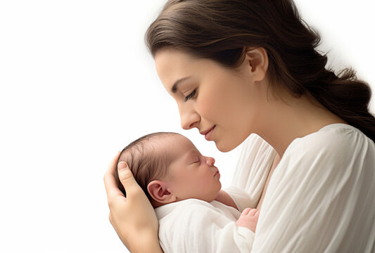 a European mother holding a newborn baby. isolated on white background. AI Generated Images